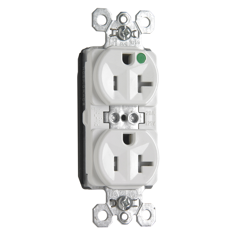PTTR8300W PlugTail 20 Amp 125V Hospital-Grade Duplex Receptacle, Back and Side Wire, White