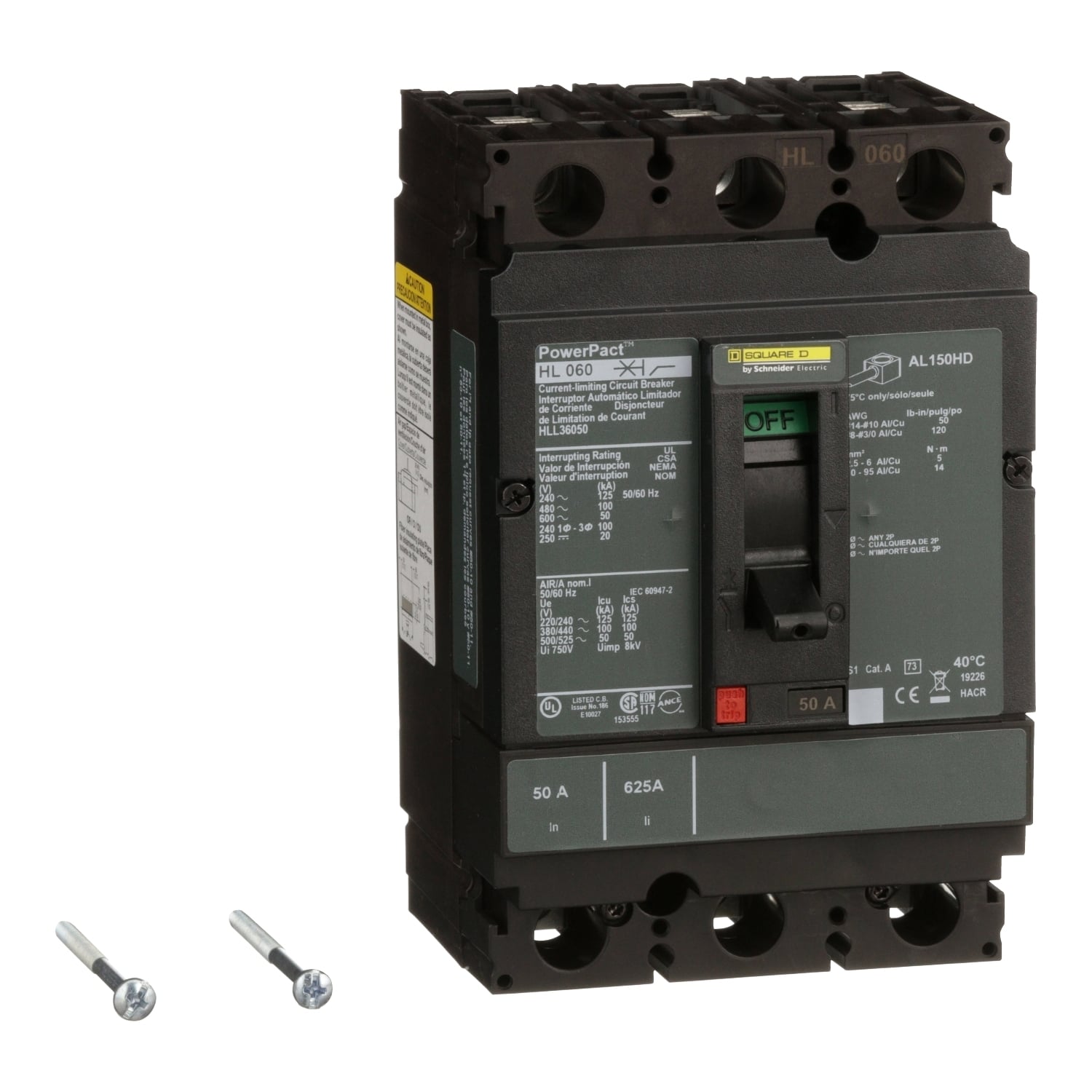 HLL36050 I-Line PowerPact Type HLL Molded Case Circuit Breaker, 600 V AC/250 to 500 V DC, 50 A, 125 kA at 240 VAC/100 kA at 480 VAC/50 kA at 600 VAC/20 kA at 250 VDC/50 kA at 500 VDC Interrupt, 3 Poles, Thermal Magnetic Trip