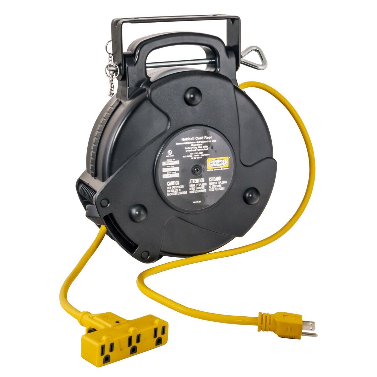 HBLC40123TT Heavy Duty Cord and Cable Reel With Triple Tap Outlet, 125 V AC, 15 A, 40 ft L Cord, 12 to 3 AWG Conductor
