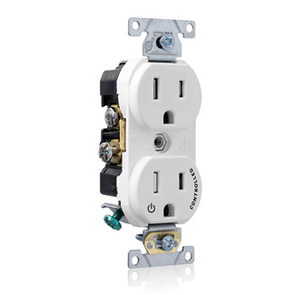TBR15-S1W Duplex Self-Grounding Tamper Resistant Straight Blade Receptacle With 1 Plug Controlled Markings, 125 V AC, 15 A, 2 Poles, 3 Wires, White