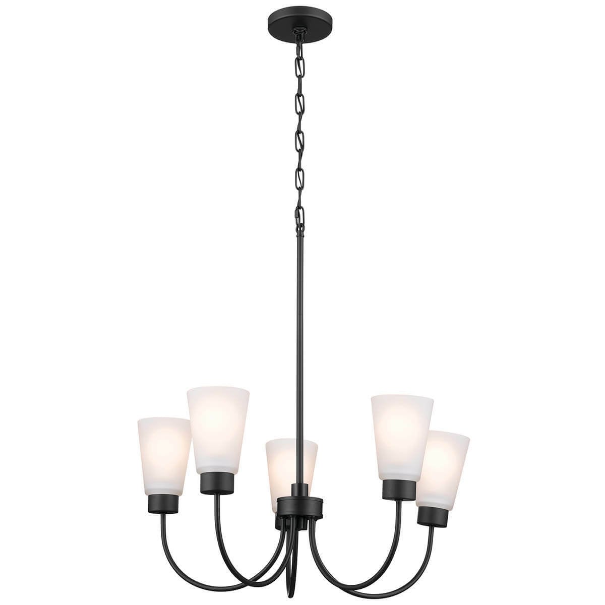 The Erma 24" 5 Light Chandelier is beautifully versatile. Install it facing up or down to get the look you want. Satin Etched Glass shades pair with our  Black finish to elevate your kitchen or dining room in classic refinement.