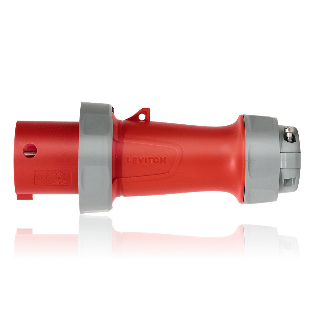 360P7WLEV LEV Series 7-Clock Position Watertight Pin and Sleeve Plug, 480 V AC, 60 A, 2 Poles, 3 Wires, Red