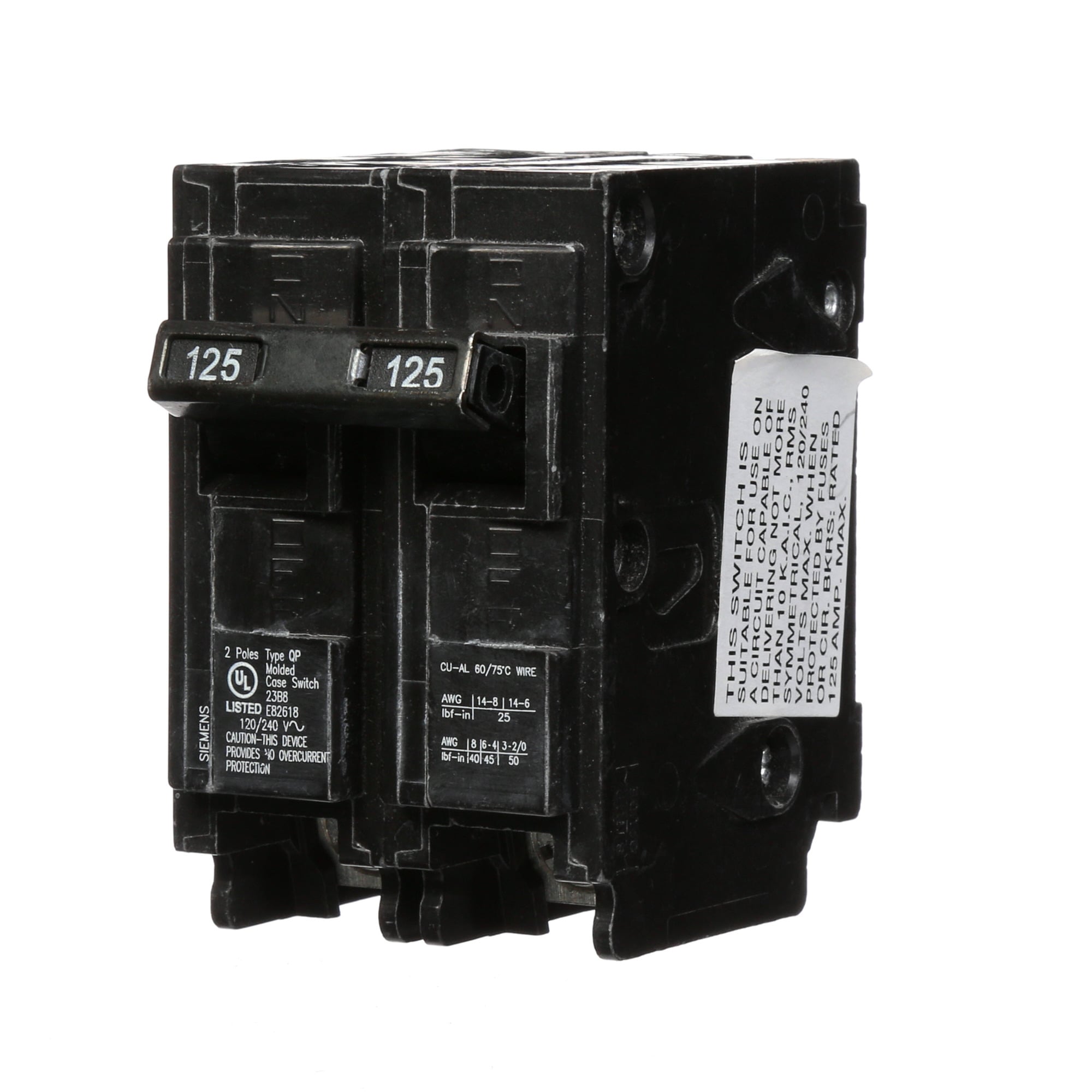 Q2125S SpeedFax Low Voltage Molded Case Circuit Breaker, 120/240 V AC, 125 A, 10 kA Interrupt, 2 Poles, Thermal Magnetic Trip