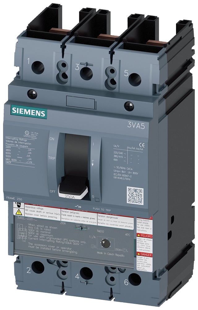 3VA5212-5ED31-0AA0 Molded Case Circuit Breaker, 690 V AC/750 V DC, 250 A, 35 kA Interrupt, 3 Poles, Thermal Magnetic Trip