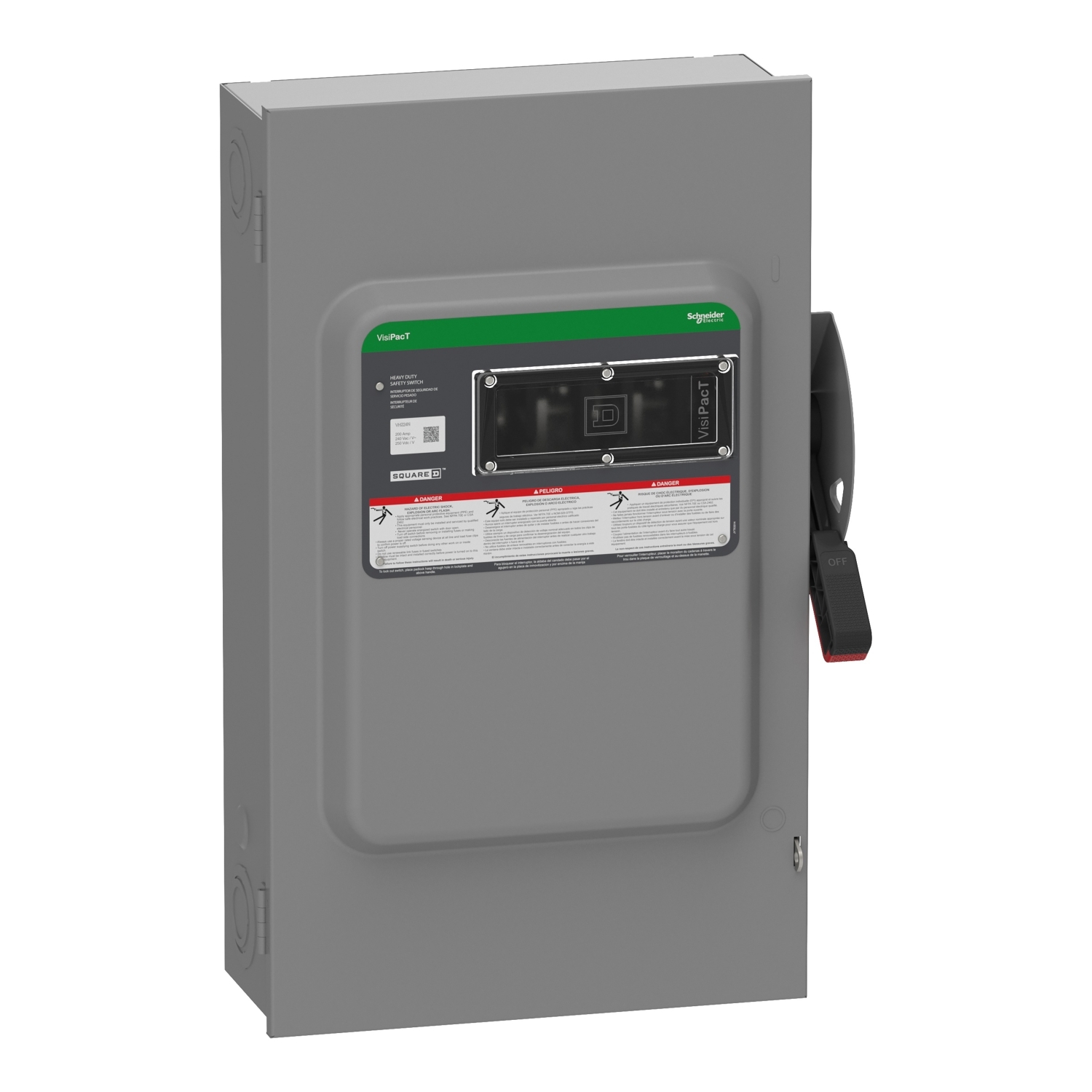 Safety switch, VisiPacT, heavy duty, fused, viewing window, NEMA 1, 240V, 200A, 2 pole, neutral installed