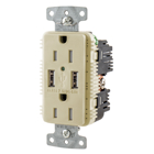 USB Charger Duplex Receptacle, 15A 125V,2-Pole 3-Wire Grounding, 5-15R, 2) 5A USB Ports, Ivory