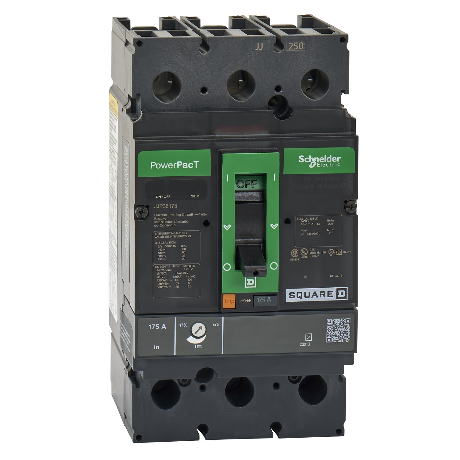 JJP36175 PowerPact Type JJP Molded Case Circuit Breaker, 600 V AC/250 V DC, 175 A, 100 kA at 240 VAC/65 kA at 480 VAC/25 kA at 600 VAC/20 kA at 250 VDC Interrupt, 3 Poles, Thermal Magnetic Trip