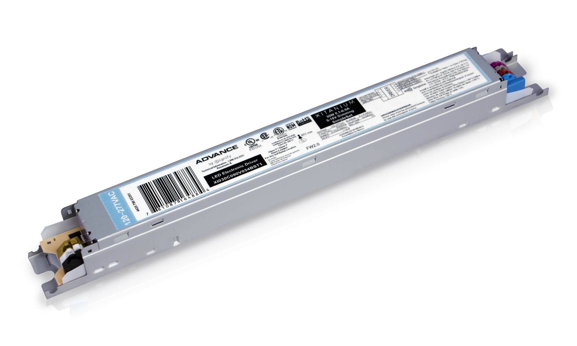 XI030C090V054BST1M Advance Linear Adjustable Current LED Driver, 120 to 277 V AC Input, 54 V Output, 30 W Power Rating, 11.02 in L x 1.16 in W