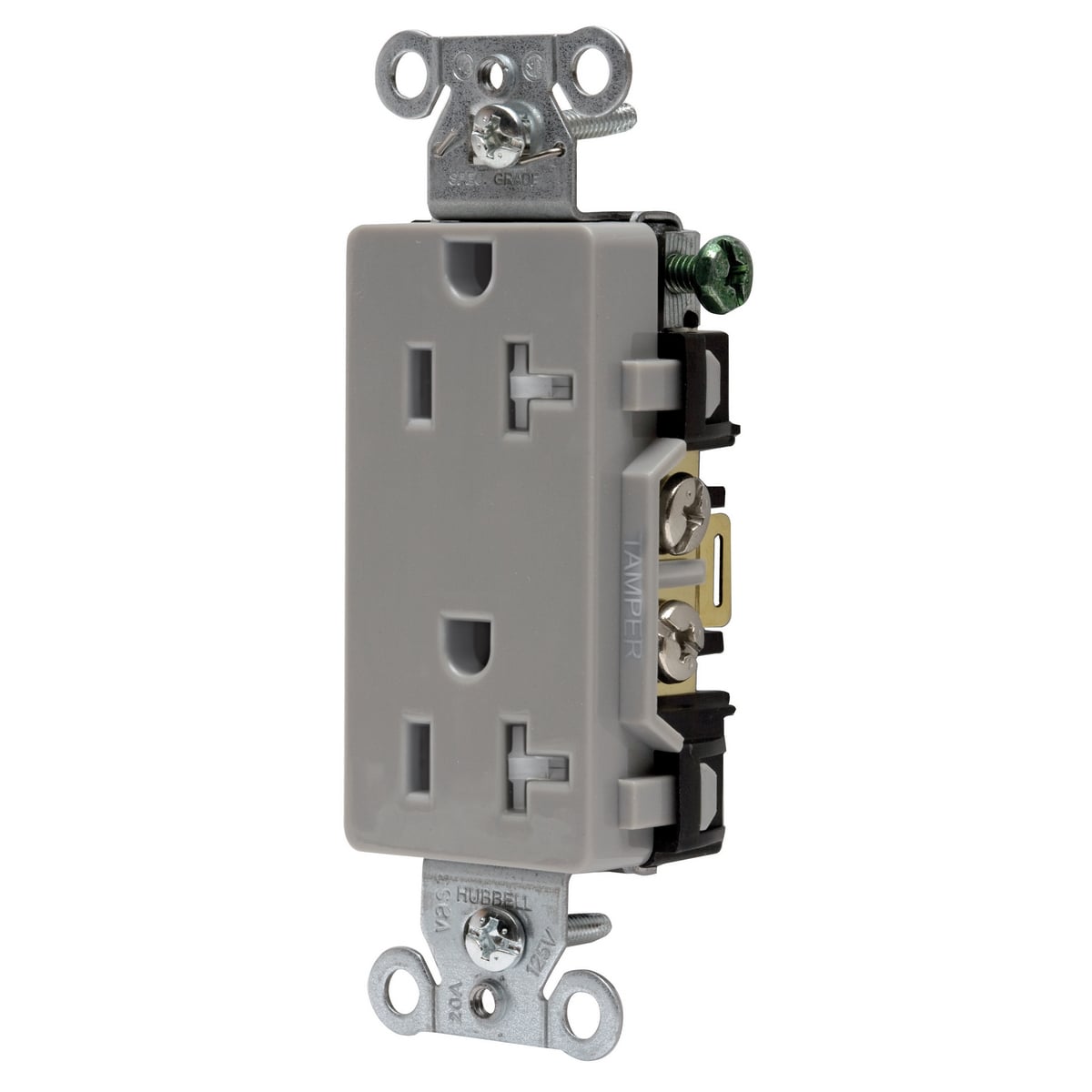 DR20GRYTR 1-Phase Decorator Duplex Self-Grounding Standard Tamper Resistant Screw Mount Straight Blade Receptacle, 125 V AC, 20 A, 2 Poles, 3 Wires, Gray
