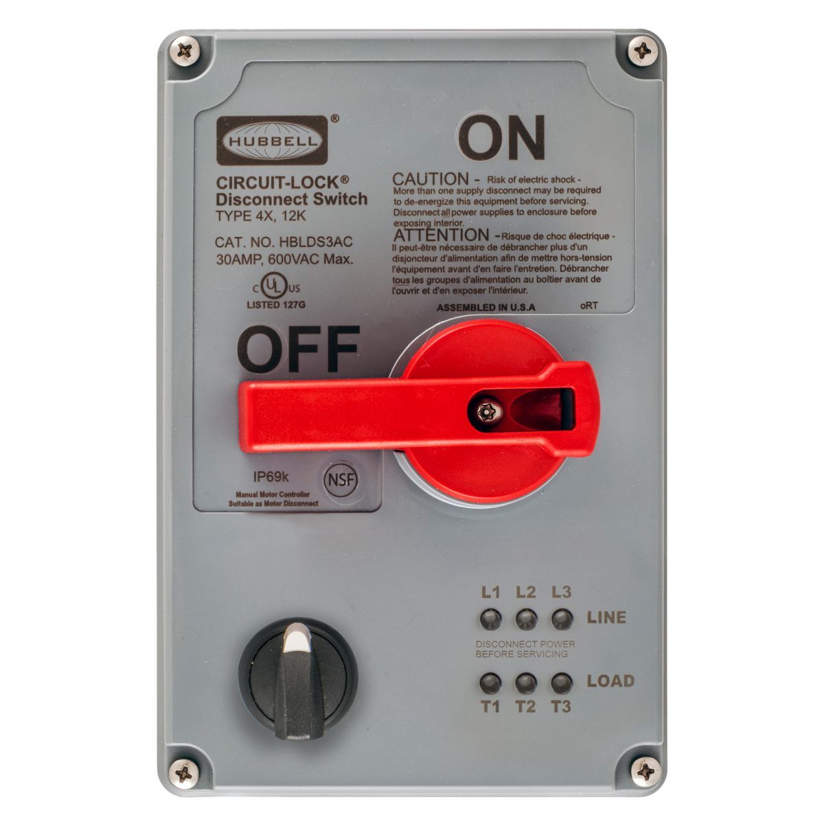 HBLDS3RCPJ Non-Metallic Replacement Cover, For Use With 600 V AC 30 A Disconnect Switch with LED Phase Indication and Jog, NEMA 4X, LED Indicator, Jog, NEMA 4X, Threaded Mount, Rectangular Shape