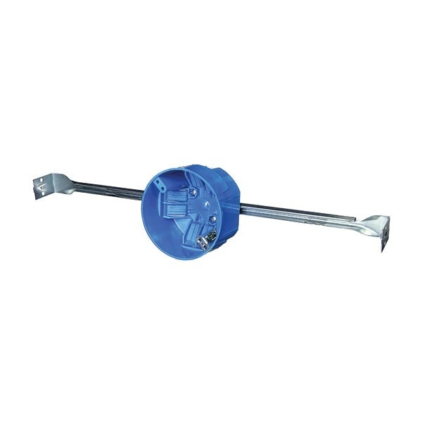 B620KGR-CFB Round Ceiling Fan Box with Adjustable Bar Hanger and Ground Screw, 4 inch, 20 cubic inch, Blue