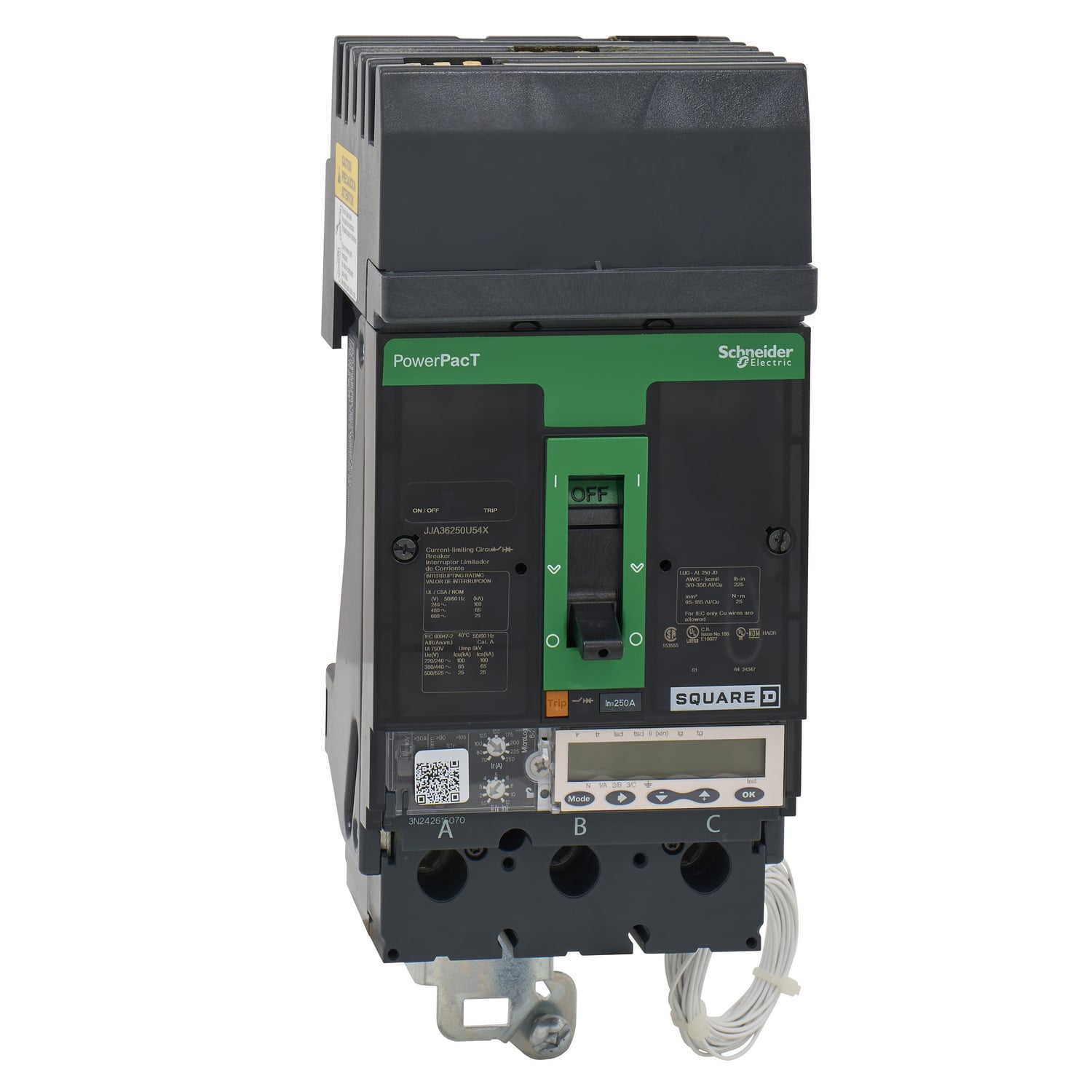 JJA36250U54X Power Pact Circuit Breaker, 600 V AC, 250 A, 100 kA at 240 V AC/65 kA at 480 V AC/25 kA at 600 V AC/20 kA at 250 VDC Interrupt, 3 Poles, Electronic Trip