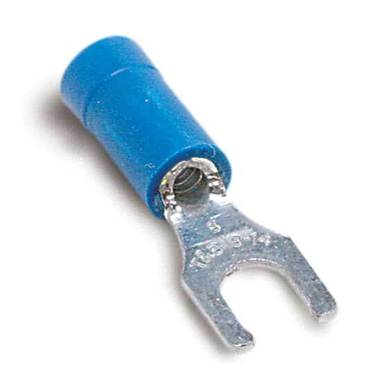 RB2207 Sta-Kon RB Series Insulated Fork Terminal, 18 to 14 AWG Conductor, 0.97 in L, Brazed Seam/Serrated Barrel, Copper, Blue