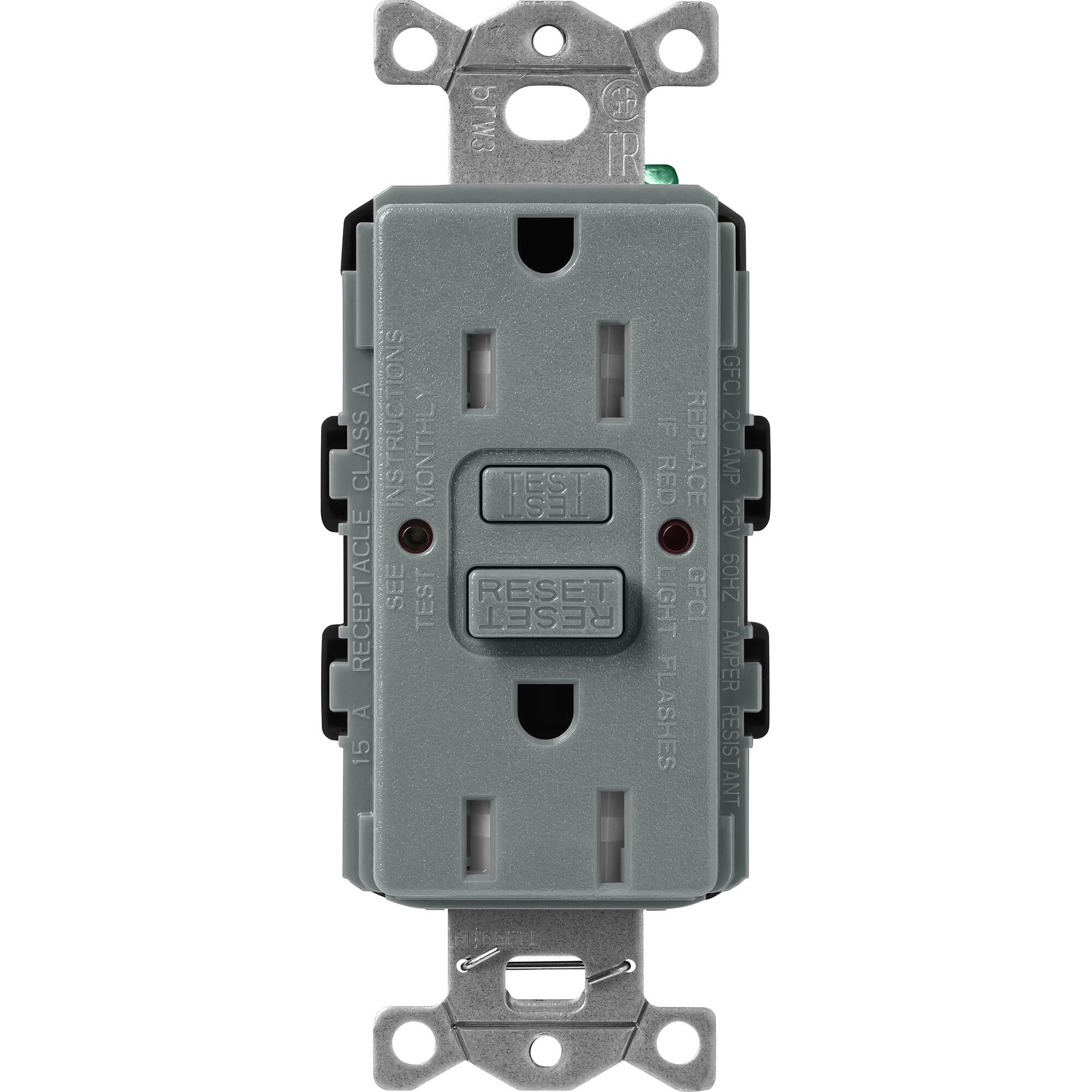 SCR-15-GFST-SL Claro Tamper-Resistant GFCI Duplex Receptacle, Decorator-Style Outlet, 15 Amp, Self-Testing, Satin, Slate