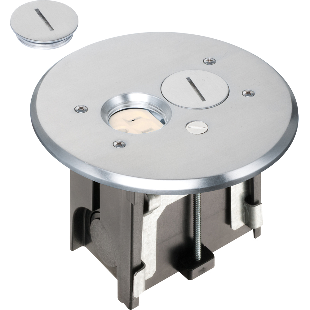 FLBAR101NL Adjustable Floor Box With (2) Threaded Plugs, Plastic, 18.3 cu-in, 1 Gang, 2 Outlets, 5.8 in L x 5.8 in W x 4.031 in H