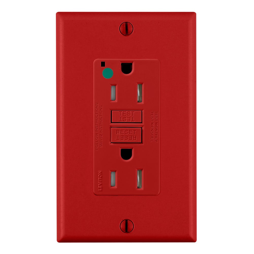GFTR1-HGR SmartlockPro Slim Duplex Feed Through Self-Test Tamper Resistant GFCI Receptacle With LED Indicator, 125 V AC, 15 A, 2 Poles, 3 Wires, Red