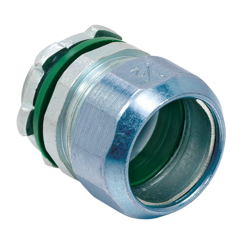 250-SRT Bridgeport Non-Insulated Raintight Compression Connector With Internal Sealing Ring and Knockout Gasket, 1/2 in Trade, For Use With EMT Conduit, Steel, Electro-Plated Zinc