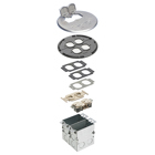 A combination floor box kit with installed low voltage divider. Includes four flip lids and gasket, One low voltage device and one 110v receptacle. Round Nickel Plated Cover.