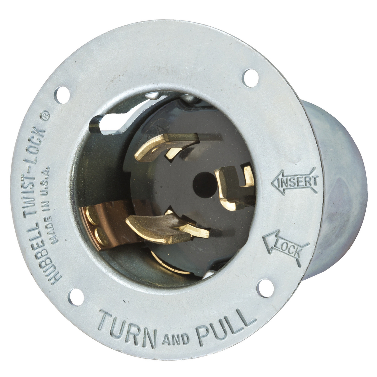 CS6377 1-Phase Extra Heavy Duty Grounding Screw Mount Flanged Inlet, 125 V AC, 50 A, 2 Poles, 3 Wires, Metallic
