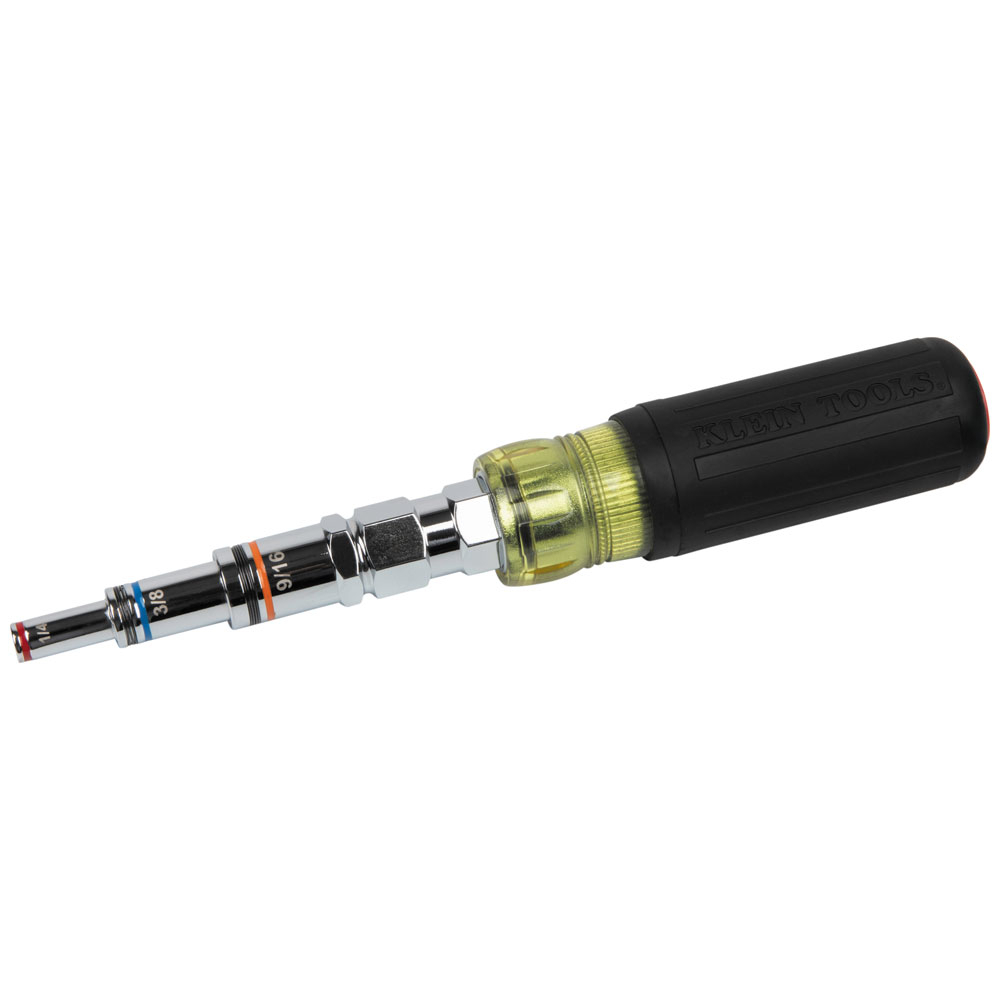 Klein's Magnetic 9-in-1 Pass Through Multi-Nut Driver features fully pass-through drivers for driving nuts on threaded rod and prevents bottoming out. Nine SAE sizes in one tool with color coded ends make it convenient to identify the size needed for the job. All sizes allow for easy, one-handed driving. Increase your productivity and lighten your load with this multi-nut driver.