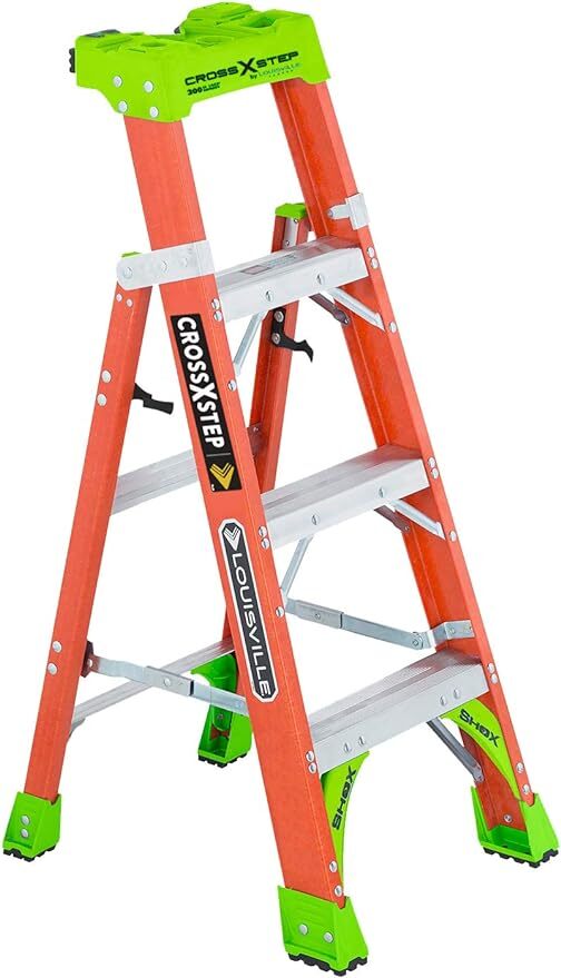 FXS1504 FXS1500 Type IA 2-in-1 Cross Step to Shelf Ladder, 4 ft H Ladder, 300 lb Load, 3 Steps, Fiberglass, A14.5