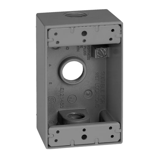WSM175 Weatherproof Outlet Box, Die Cast Aluminum, 18.3 cu-in, 1 Gang, 3 Outlets, 4.56 in H x 2.81 in W x 2 in D