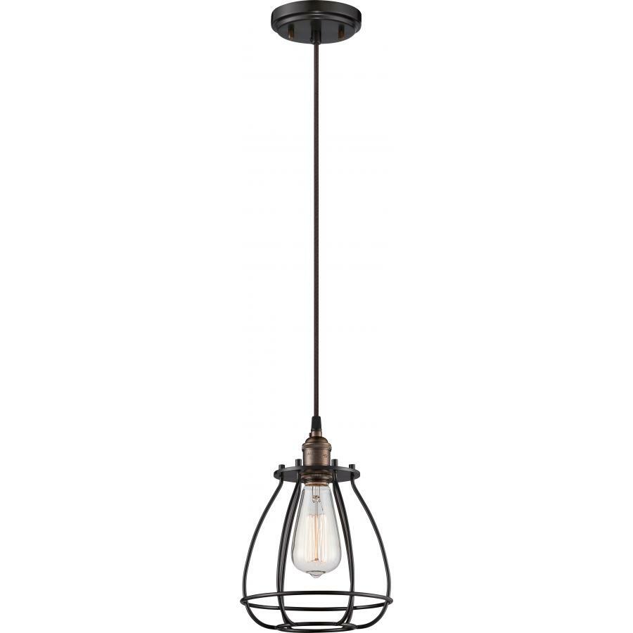 60-5501 Nuvo Vintage Transitional Caged Mini Pendant Light Fixture, (1) A19 Lamp, 120 V AC, Rustic Bronze Housing