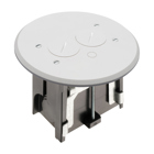 Non Metallic adjustable floor box. White with threaded plugs. Includes tamper resistant duplex receptacle, cover plate with gasket and Arlington NM94 connector and Arlington NM900 knockout plug.