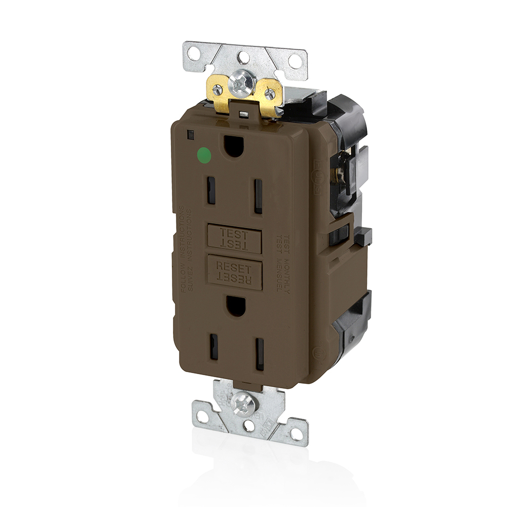 MGFN1-HG SmartlockPro Slim Duplex Feed Through Self-Test GFCI Receptacle, 125 V AC, 15 A, 2 Poles, 3 Wires, Brown