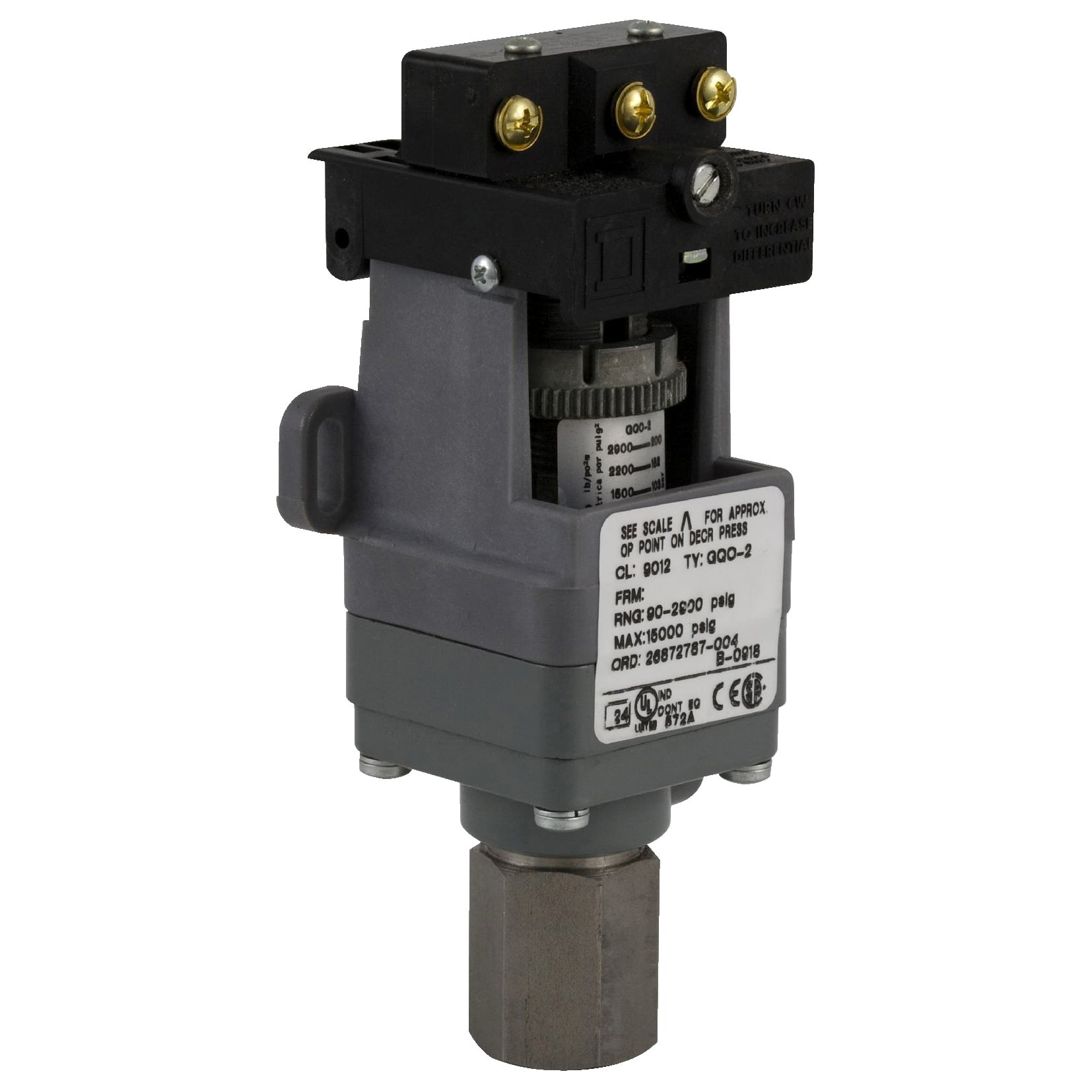 9012GTO3 Single Stage Electromechanical Pressure Switch, 170 to 5600 psi Pressure, 200 psi Differential, 1CO SPDT Contact, Screw Clamp Connection