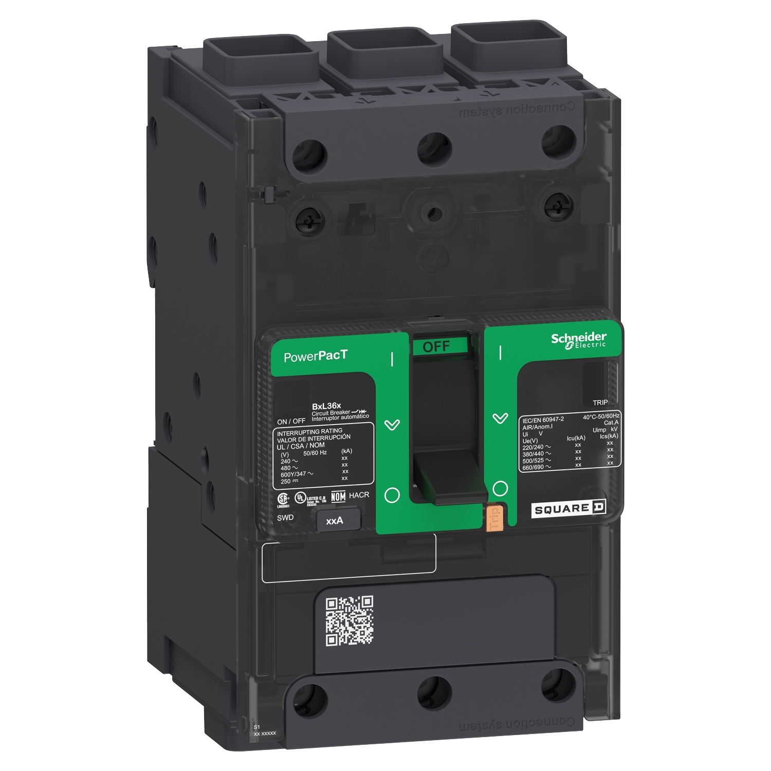 BDF36125 PowerPact Type BDF Molded Case Circuit Breaker, 600Y/347 V AC, 125 A, 14 kA Interrupt, 3 Poles, Electronic Trip
