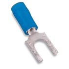 Nylon Insulated Fork Terminal with Flanged Tongue, Length .89 Inches, Width .31 Inches, Maximum Insulation .162, Bolt Hole #8, Wire Range #18-#14 AWG, Color Blue, Copper, Tin Plated