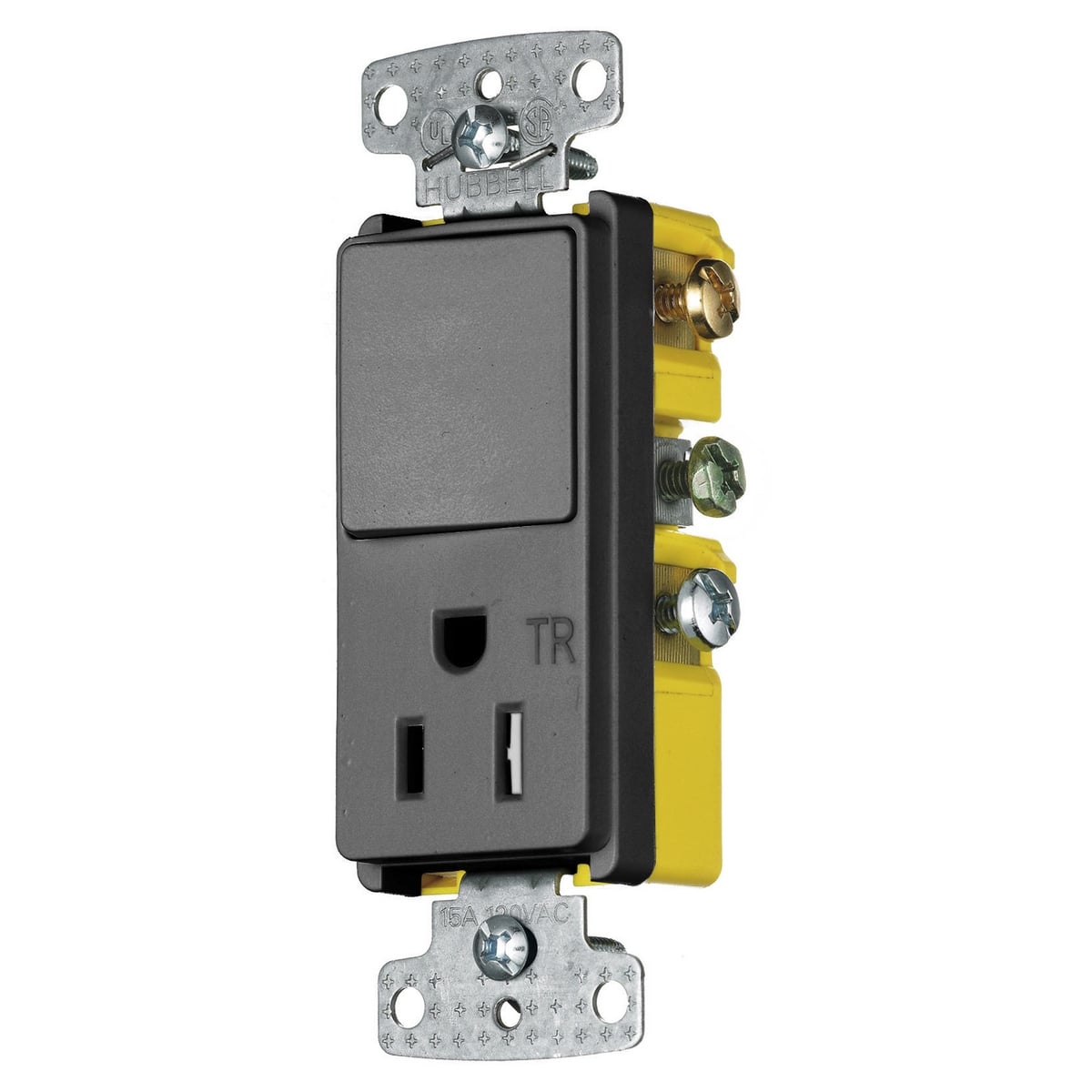 RCD108BKTR Decorator 2-Position Standard Tamper-Resistant Combination Switch and Receptacle, Electrical Ratings: 120/125 VAC, 15 A, 1875 W, 1 Poles, 3 Wires, 14 to 12 AWG Wire, Snap Switch Reset