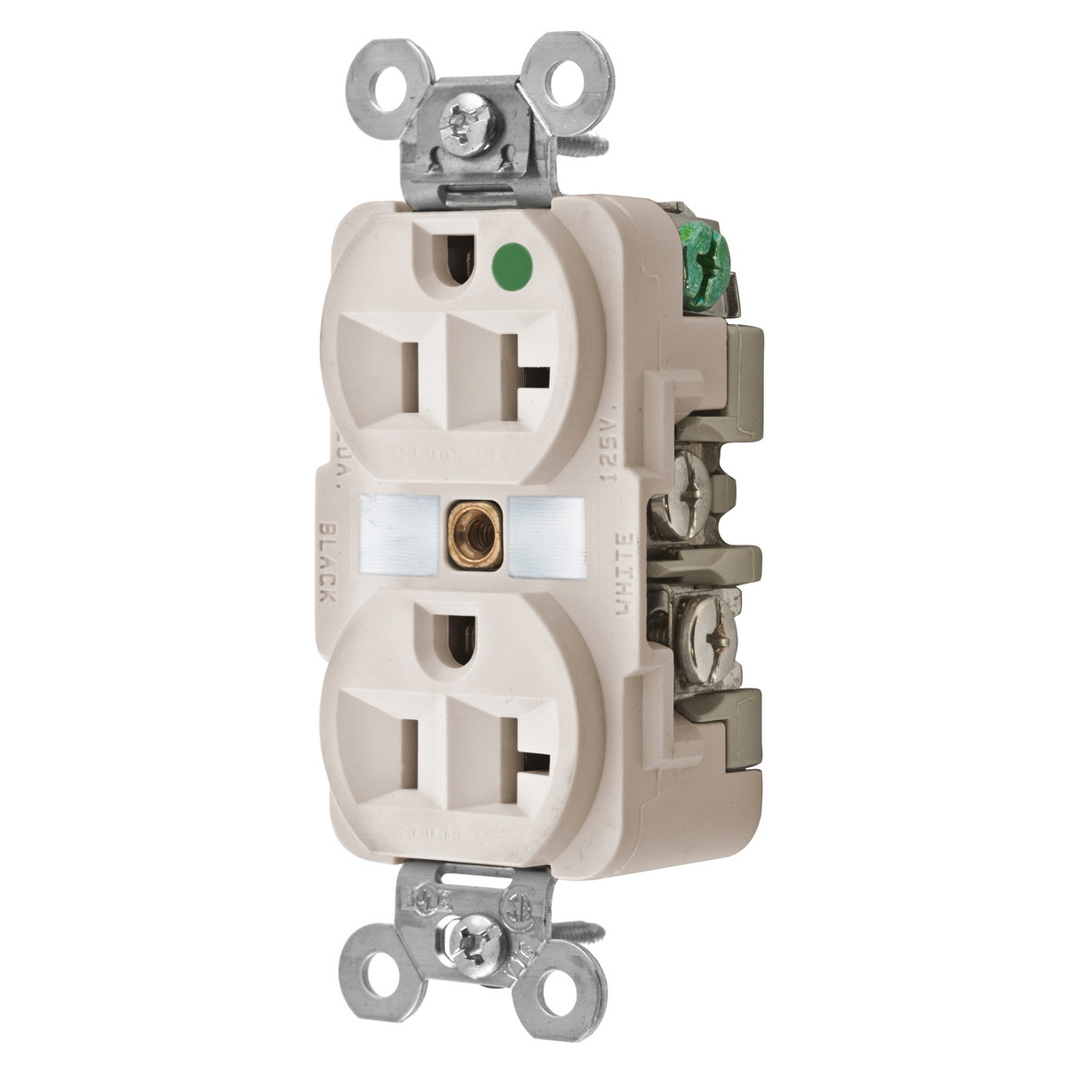 HBL8300LA 1-Phase Duplex Extra Heavy Duty Self-Grounding Standard Traditional Screw Mount Straight Blade Receptacle, 125 V AC, 20 A, 2 Poles, 3 Wires, Light Almond