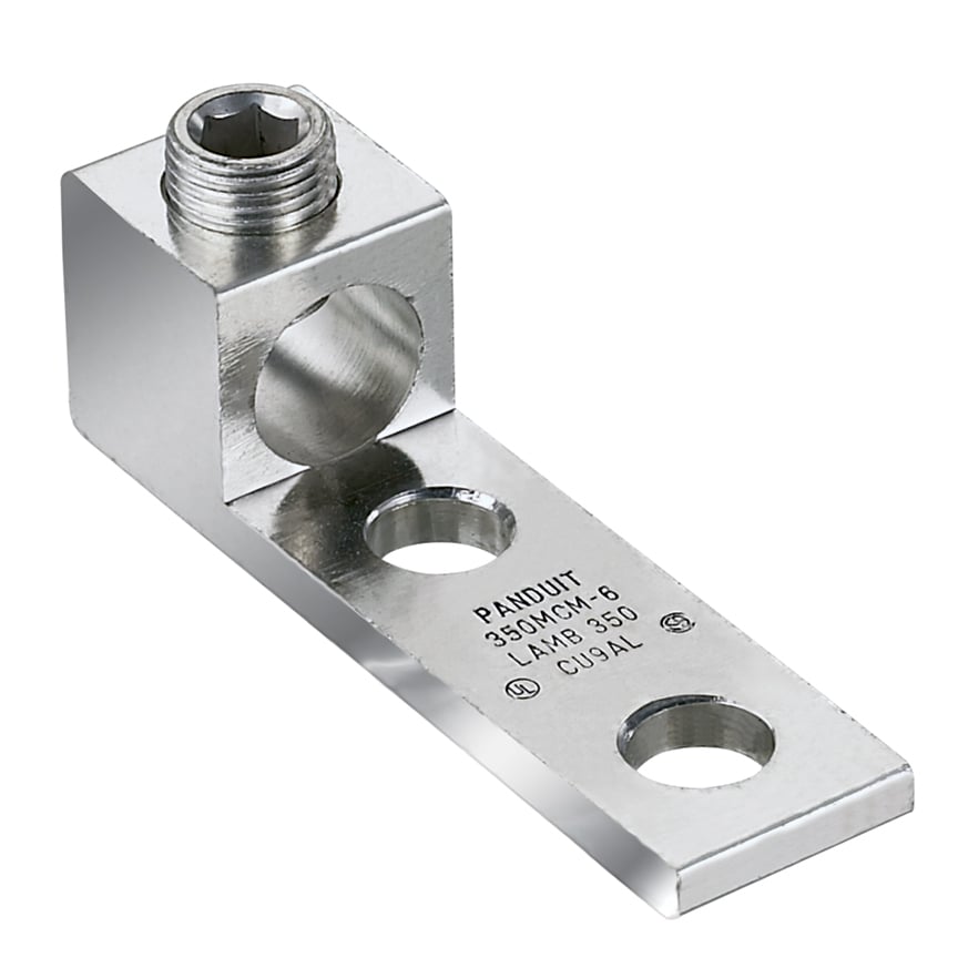 LAMB600-12-3Y Pan-Lug 1-Barrel Mechanical Connector Lug, 2 AWG to 600 kcmil Aluminum/Copper/Stranded Conductor, 1/2 in Stud, 2 Bolt Holes, Aluminum