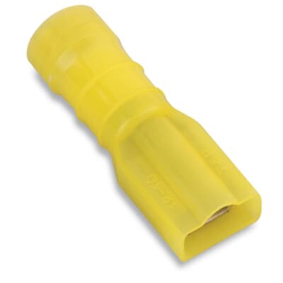 TVF10-250FD-L Catamount Female Disconnect, 12 to 10 AWG Conductor, Funnel Entry/Internal Serration Barrel, Brass/Copper, Yellow, Fully Insulated