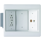Ideal for flat screen TVs, home office, kitchen counter tops, and behind furniture to allow snug-to-wall placement. ThreeGang Recessed TV Box with TVSS and Low-Voltage Kit. Includes TVSS Duplex Receptacle, Cat5e Jack, F-Connector, Blanks and Wall Plates.