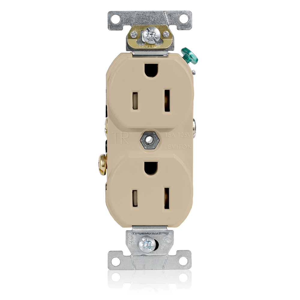 TBR15-I 1-Phase Duplex Tamper Resistant Straight Blade Receptacle, 125 V AC, 15 A, 2 Poles, 3 Wires, Ivory