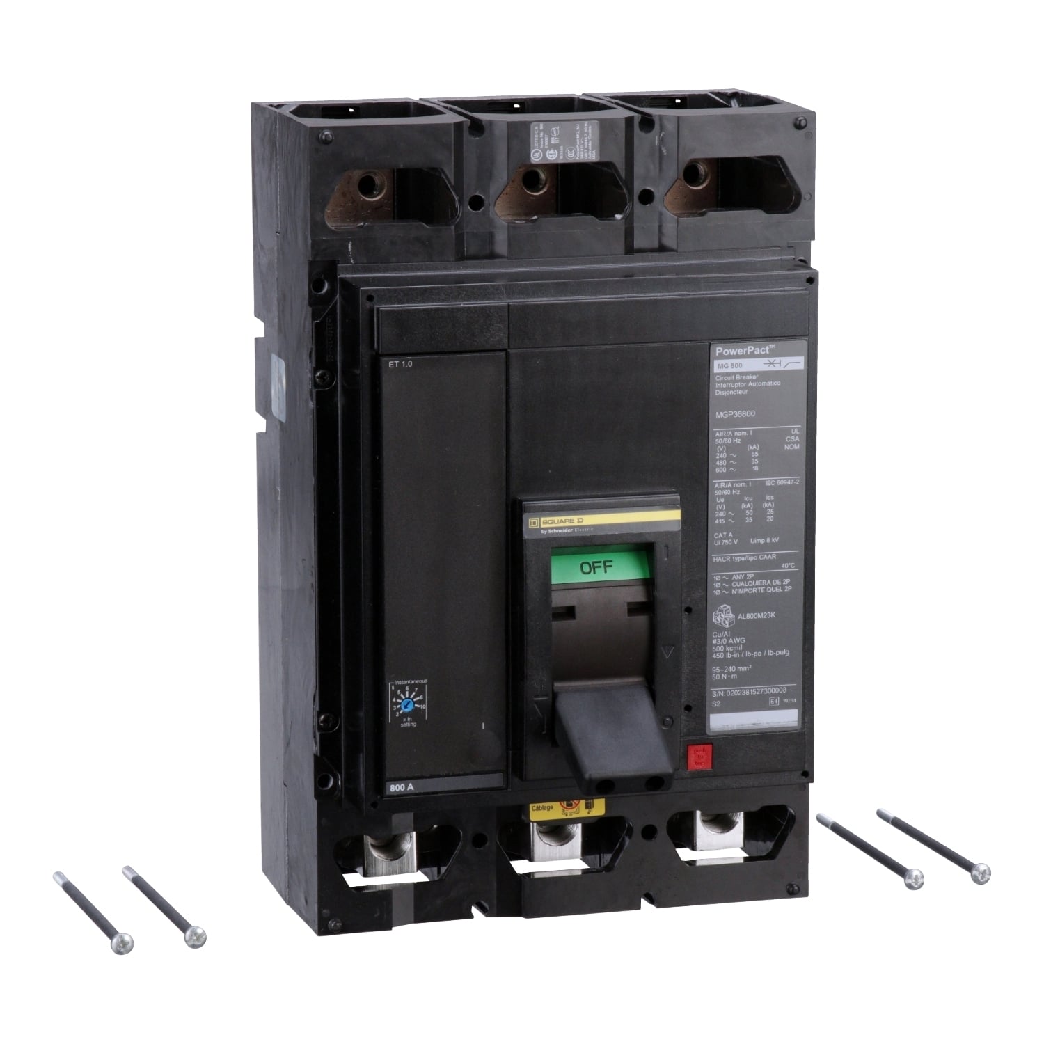 MGL36450 MGL 3-Pole Molded Case Circuit Breaker, 600 V AC/250 V DC, 450 A, 65 kA at 240 VAC/35 kA at 480 VAC/18 kA at 600 VAC Interrupt, 3 Poles, Electronic Trip