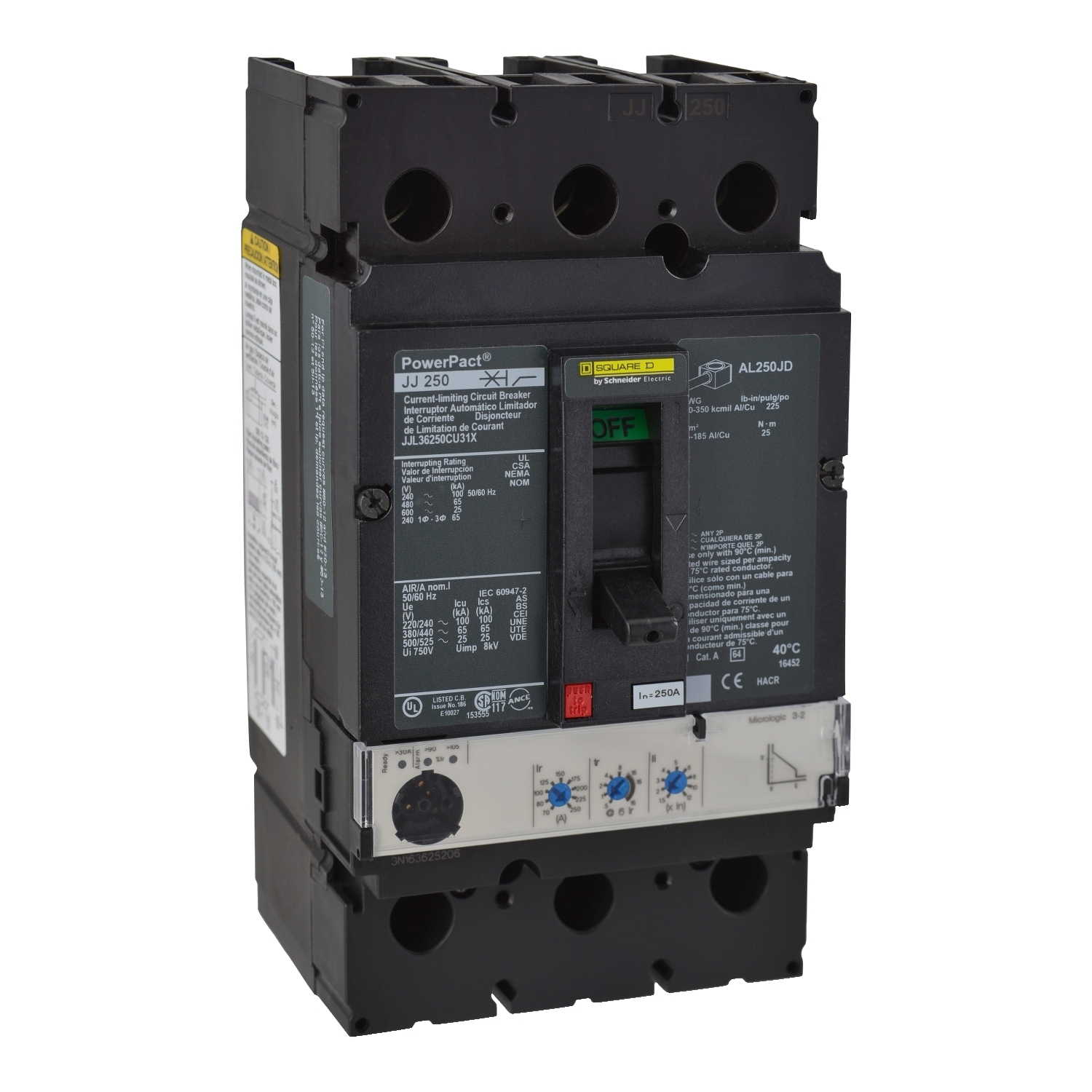 JJL36250CU31X PowerPact Molded Case Circuit Breaker, 600 V AC, 250 A, 100 kA at 240 V AC/65 kA at 480 V AC/25 kA at 600 V AC/20 kA at 250 VDC Interrupt, 3 Poles, Electronic Trip