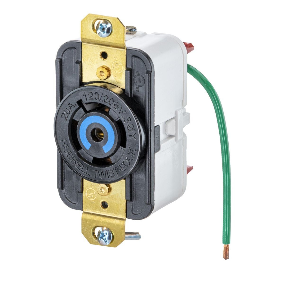 HBL2510ST 3-Phase Single Flush Locking Receptacle With Spring Termination, 120/208Y V AC, 20 A, 3 Poles, 5 Wires, Black