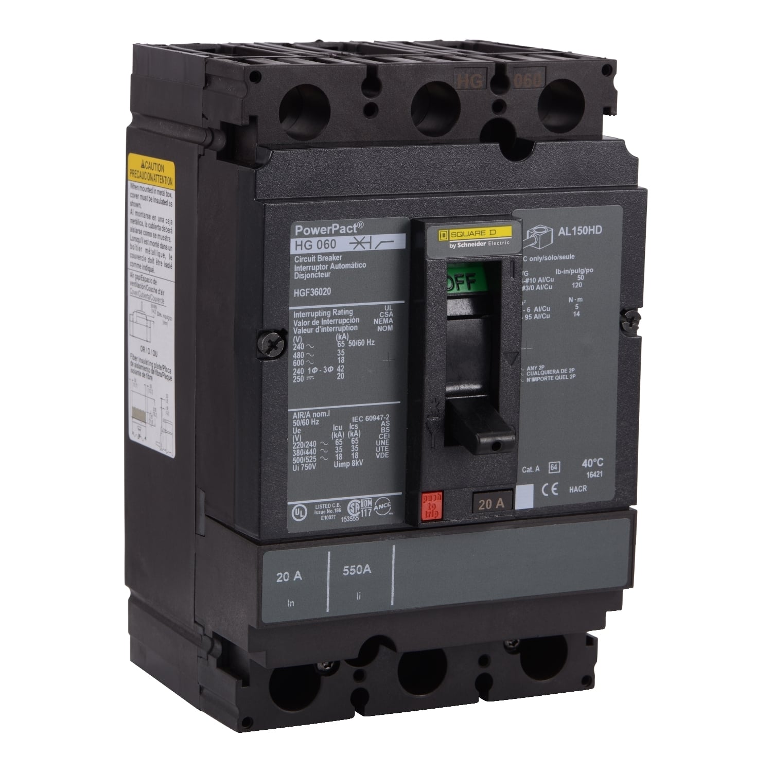 HGF36150 PowerPact Molded Case Circuit Breaker, 600 V AC, 150 A, 18 kA Interrupt, 3 Poles, Thermal Magnetic Trip