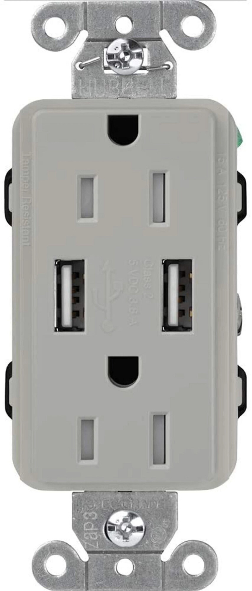 CAR-15-UBTR-GR Claro Tamper-Resistant USB-A Duplex Receptacle, Decorator-Style Outlet, 15 Amp, Self-Testing, Gloss, Gray