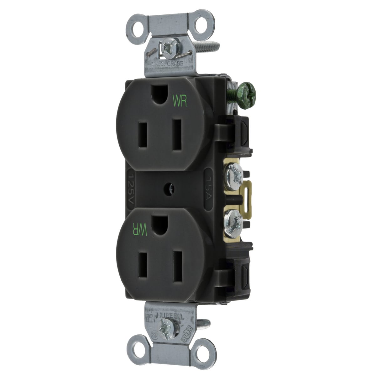 BR15BLKWR 1-Phase Duplex Self-Grounding Standard Traditional Weather Resistant Screw Mount Straight Blade Receptacle, 125 V AC, 15 A, 2 Poles, 3 Wires, Black