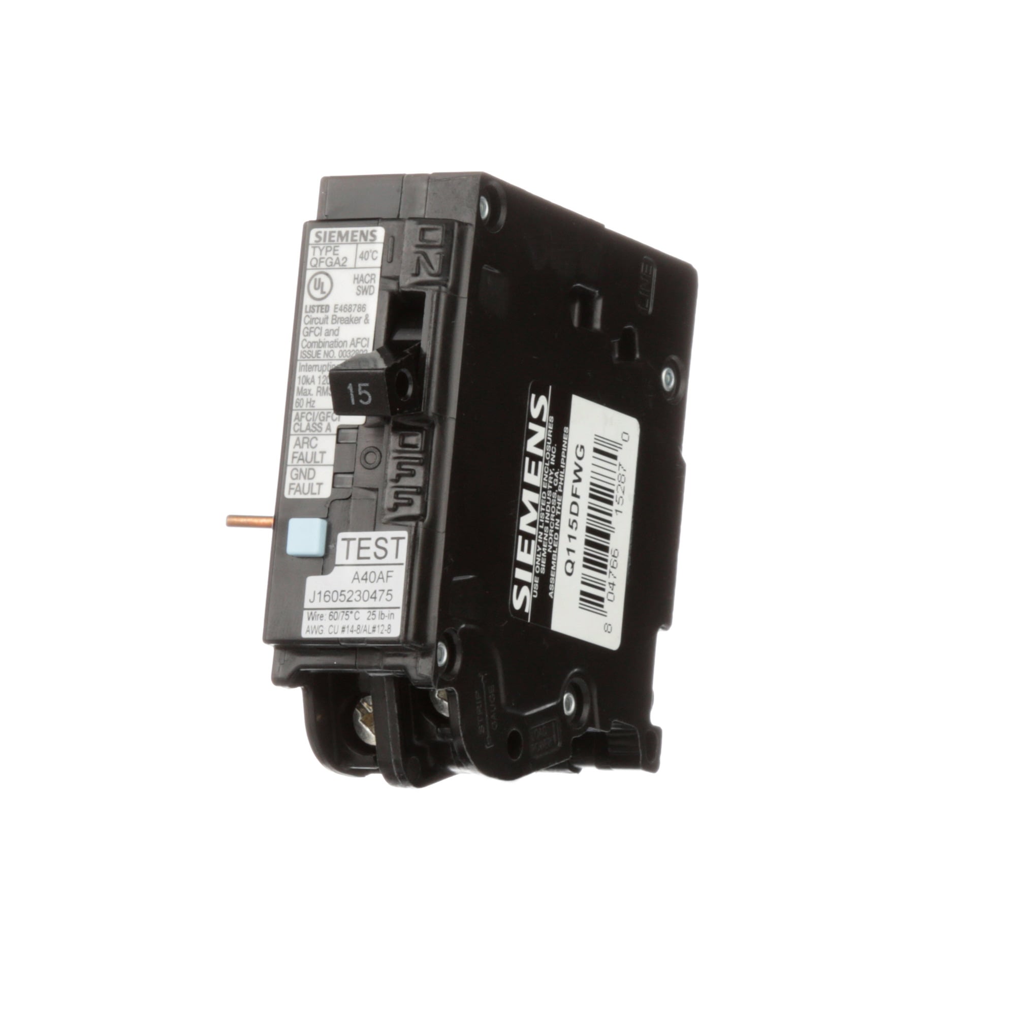 Q115DFWG Murray WireGuide Type QFGA2 AFCI/GFCI Combination Circuit Breaker, 120 V, 15 A, 10 kA Interrupt, 1 Poles, Thermal Magnetic Trip