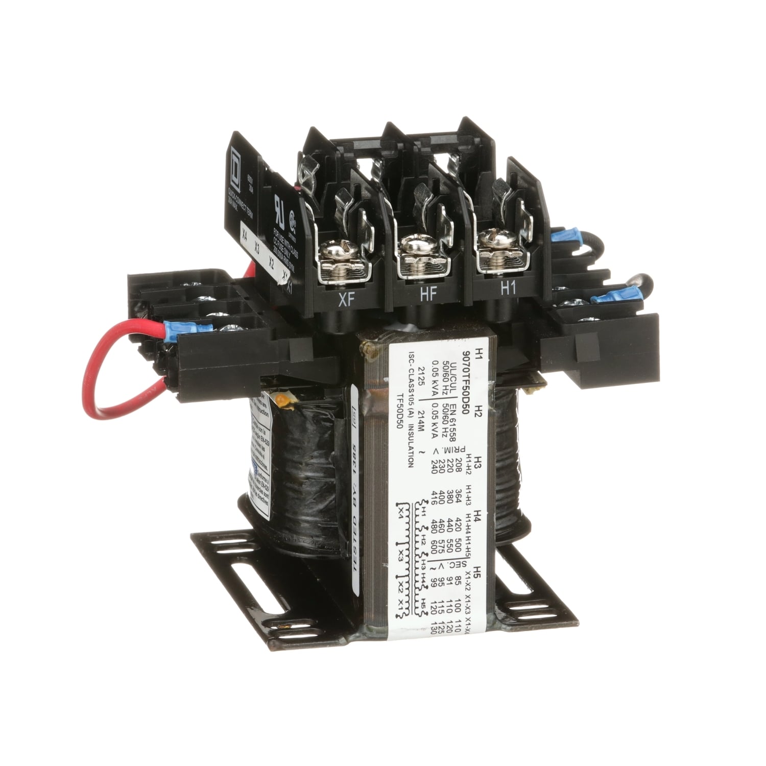 9070TF50D50 Type TF Industrial Control Transformer, 240/416/480/600, 230/400/460/575, 220/380/44 V Primary, 99/120/130/95/115/125/90/110/120/85/104/115 V Secondary, 50 VA Power Rating, 1 Phase