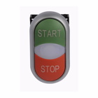 Eaton M22 modular pushbutton, 22.5 mm, Extended, Momentary, Illuminated, Bezel: Silver, Button: Top Green, Bottom Red, Inscription: Top START, Bottom STOP/ GB1, GB2, IP66, NEMA 4X, 13, Light 100,000 hours, Button 200,000 Operations