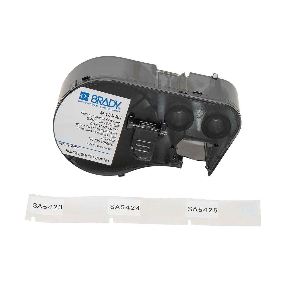 M-124-461 M Series Rectangular Cartridge Label, 1/2 in L x 1.65 in W, For Use With BMP 51 and BMP 53 Label Maker, B-461 Polyester, Black on Clear/White
