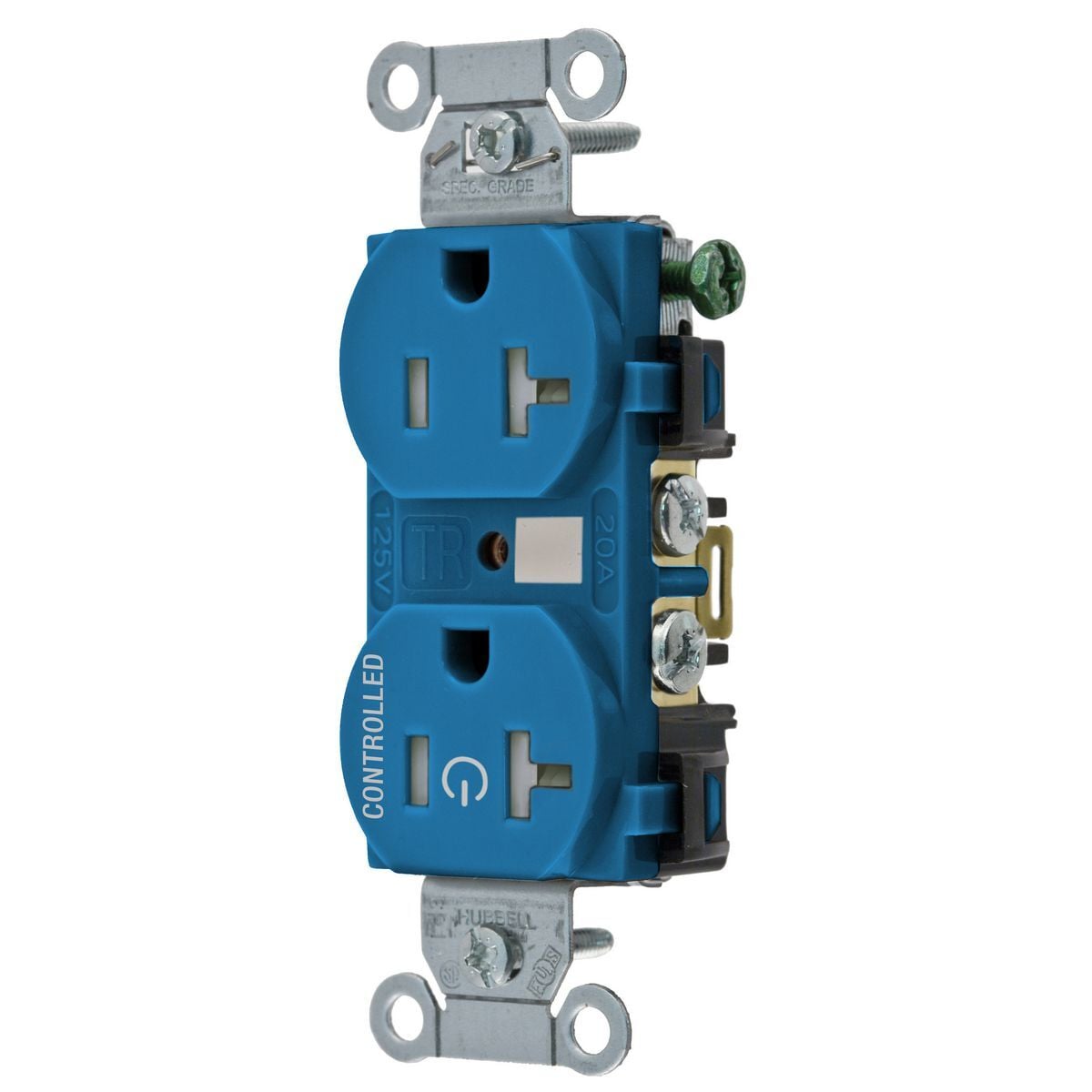 BR20C1BLTR 1-Controlled Face Duplex Tamper-Resistant Straight Blade Receptacle, 125 VAC, 20 A, 2 Poles, 3 Wires, Blue