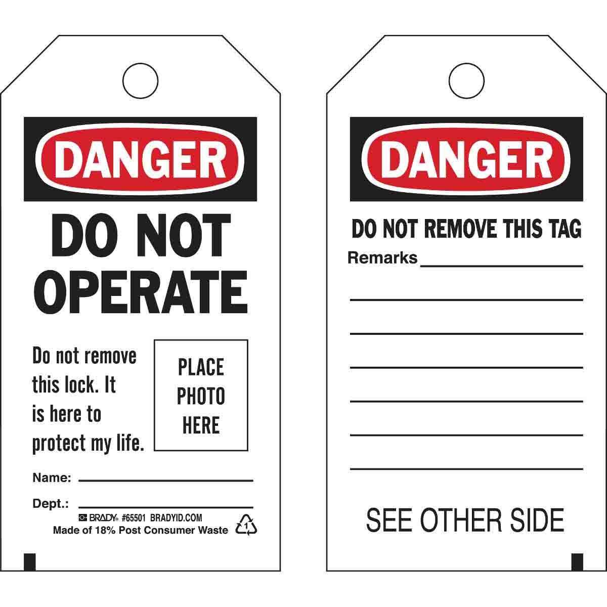 65501 2-Sided Rectangular Self-Laminating Danger Tag, 5-3/4 in H 3 in W, Black/Red on White, 3/8 in Hole, B-851 Polyester